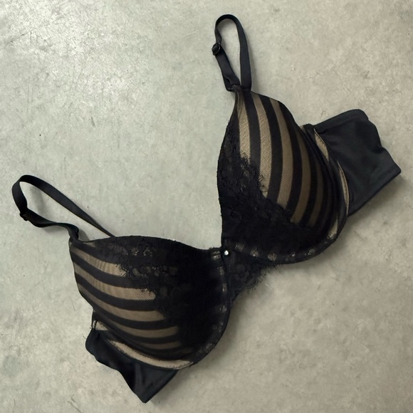 Maidenform Black & Beige Stripe Padded Bra With Lace Trim And Rhinestone 36C - Picture 3 of 10
